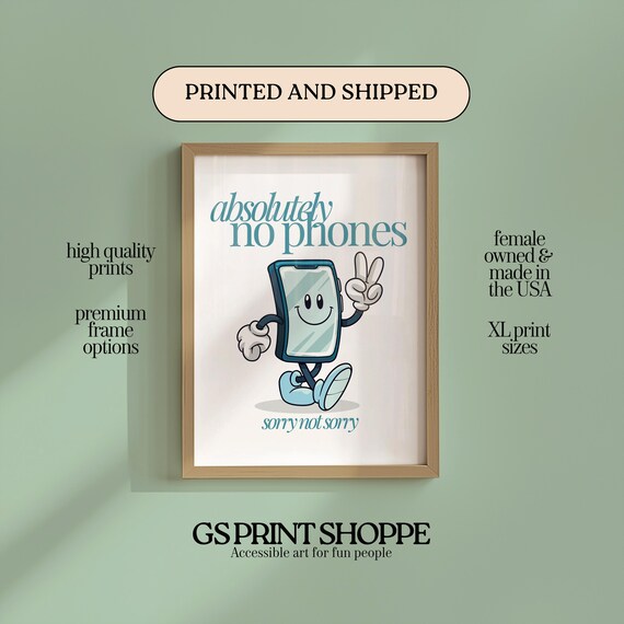 Absolutely No Phones Cute Cartoon Phone Character Retro Wall Art