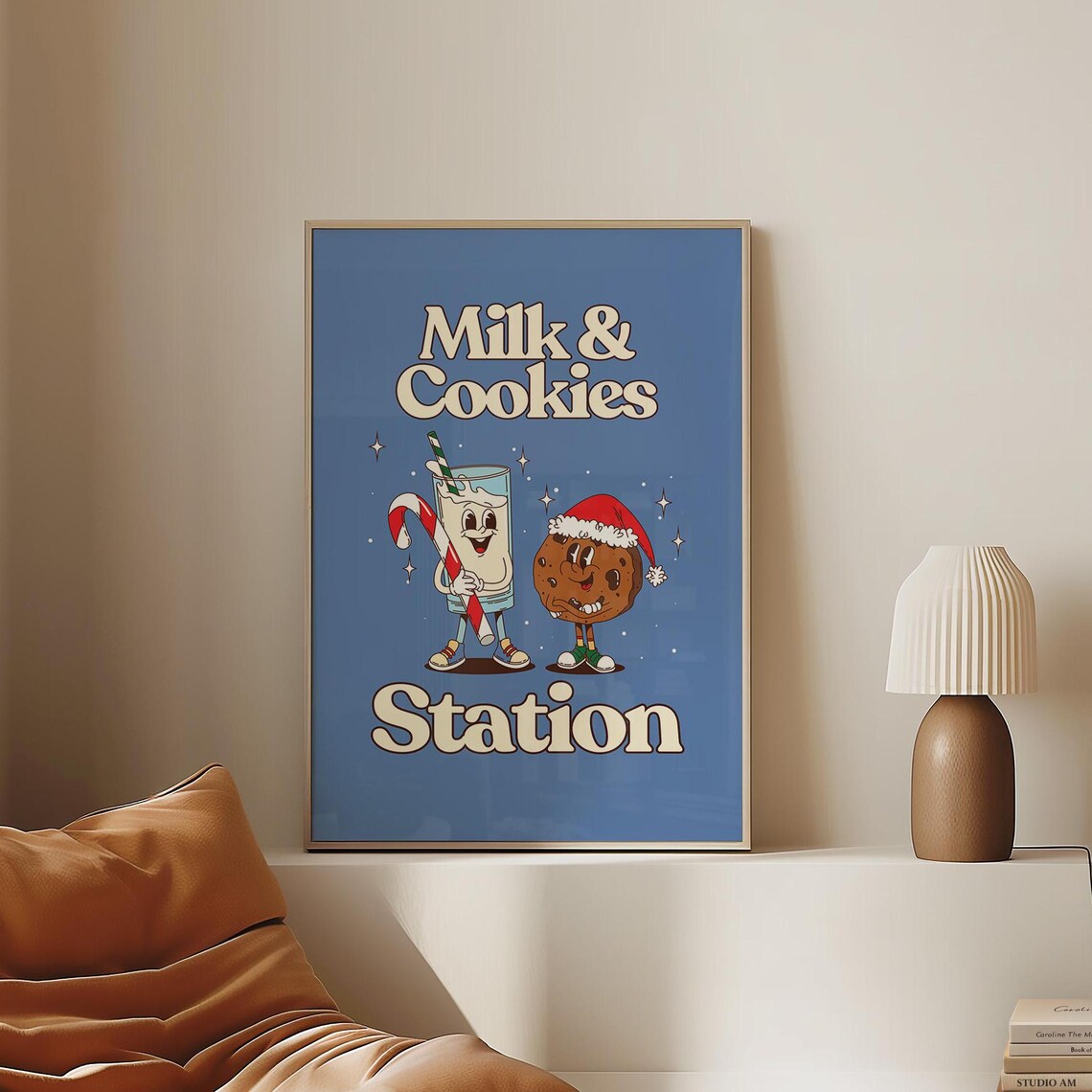 Retro Milk And Cookies Station Blue Cartoon Christmas Funny Poster