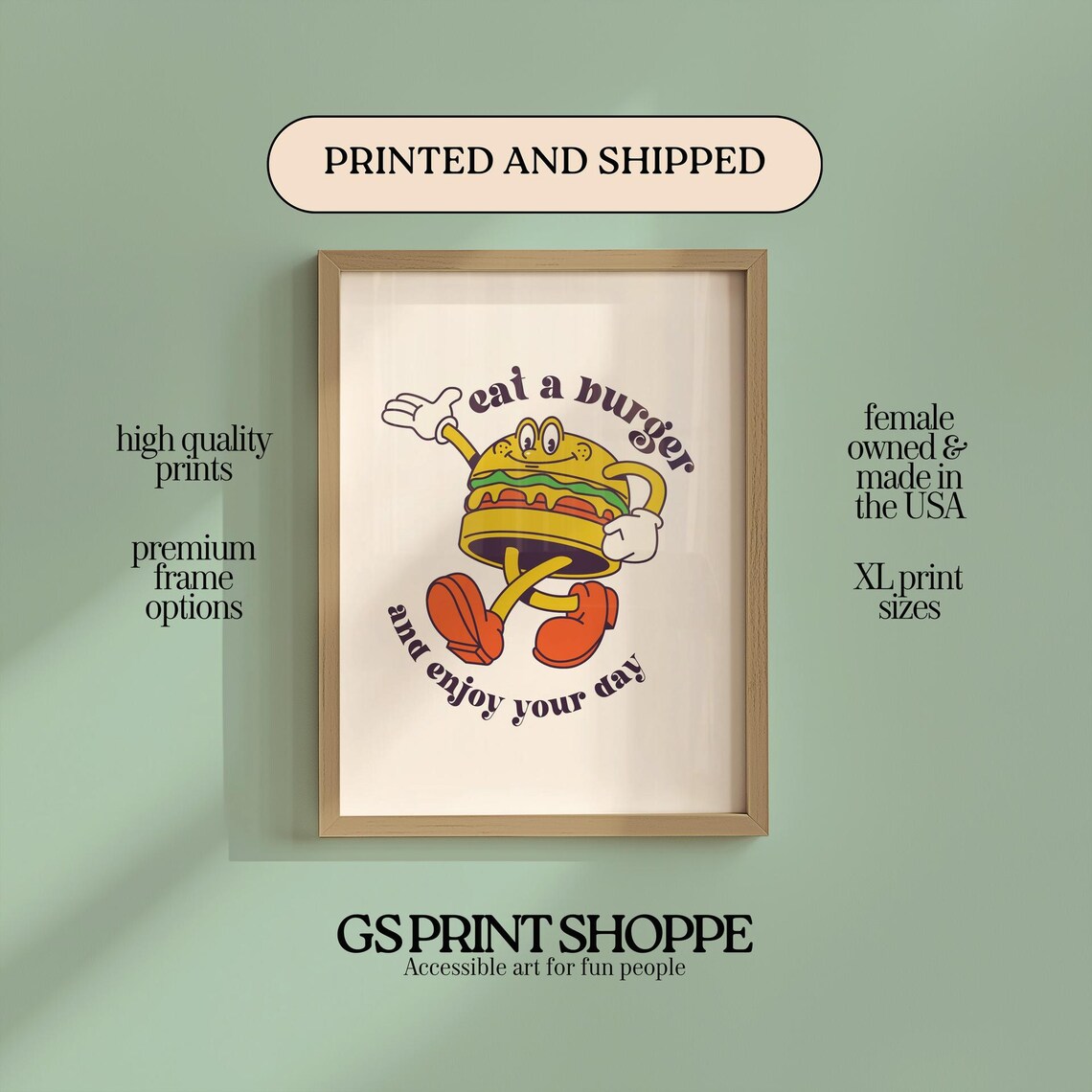 Eat A Burger And Enjoy Your Day Retro Cartoon Kitchen Poster