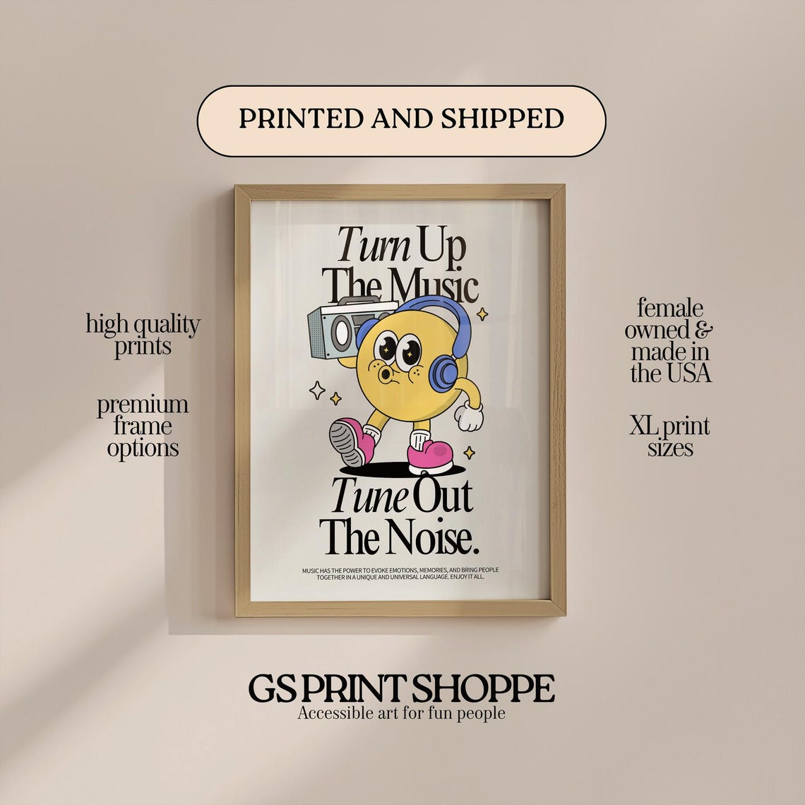 Turn Up The Music Tune Out Noise Retro Boombox Quote Art Poster