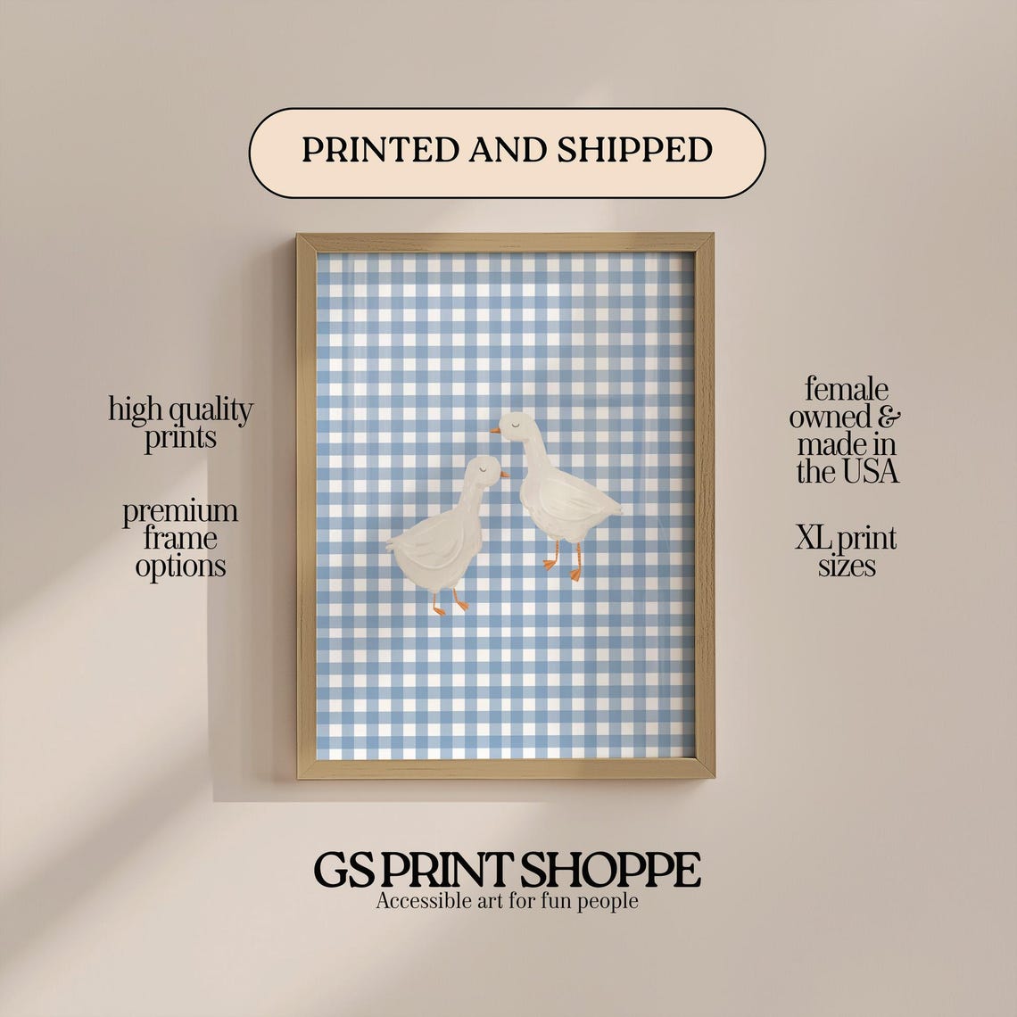 Two White Ducks Blue Gingham Cute Farm Animal Nursery Wall Art