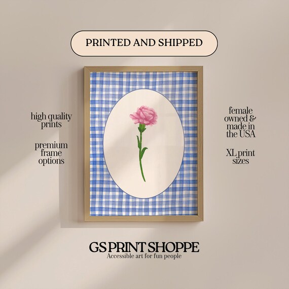 Pink Carnation Flower Blue Gingham Coquette Preppy Cottagecore Poster