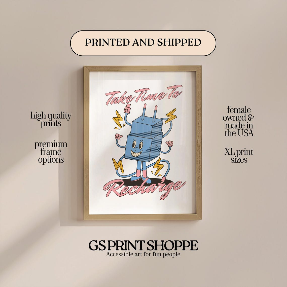 Take Time to Recharge Retro Plug Character Pink Script Wall Art