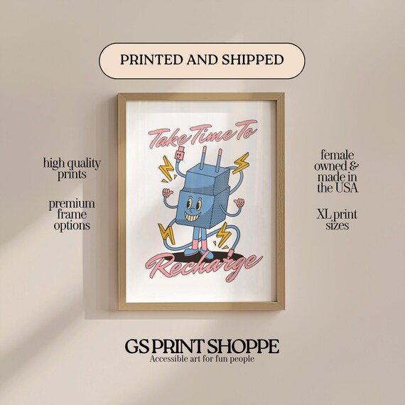 Take Time to Recharge Retro Plug Character Pink Script Wall Art