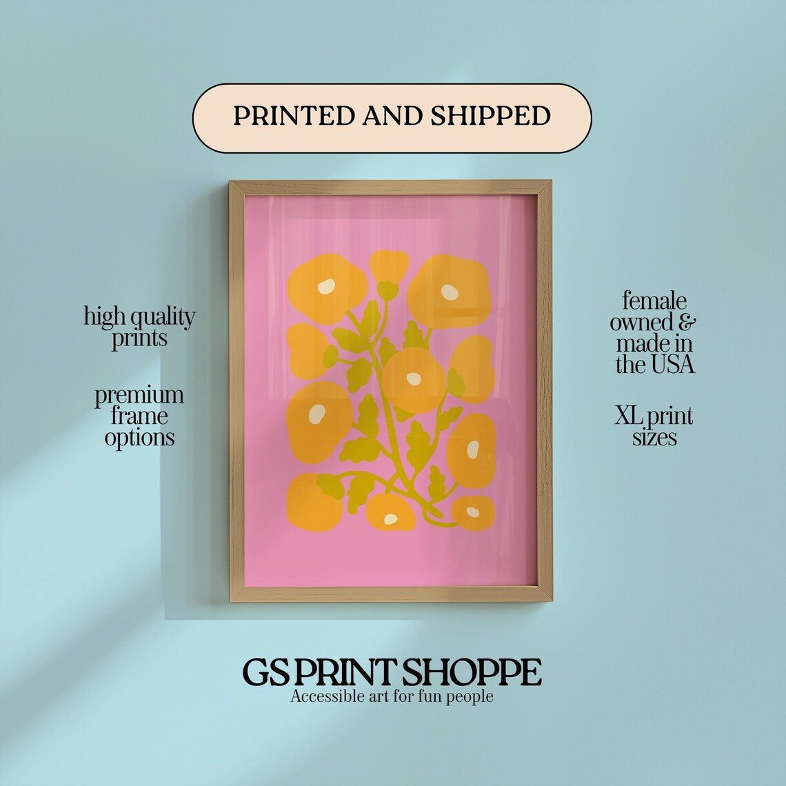 Abstract Poppies Pink Background Orange Floral Modern Art Print