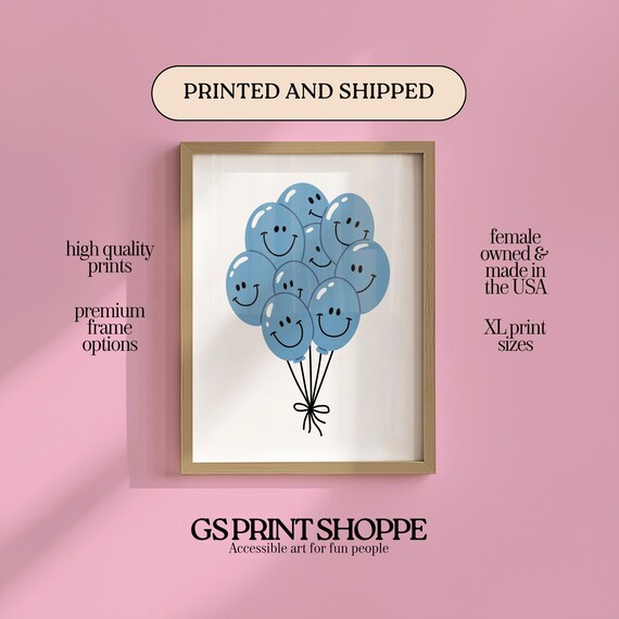 Blue Smiley Face Balloon Bunch Poster Happy Birthday Party Decor