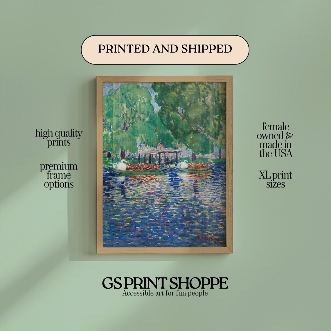 Swan Boats On Blue Lake Impressionist Vintage Painting Poster