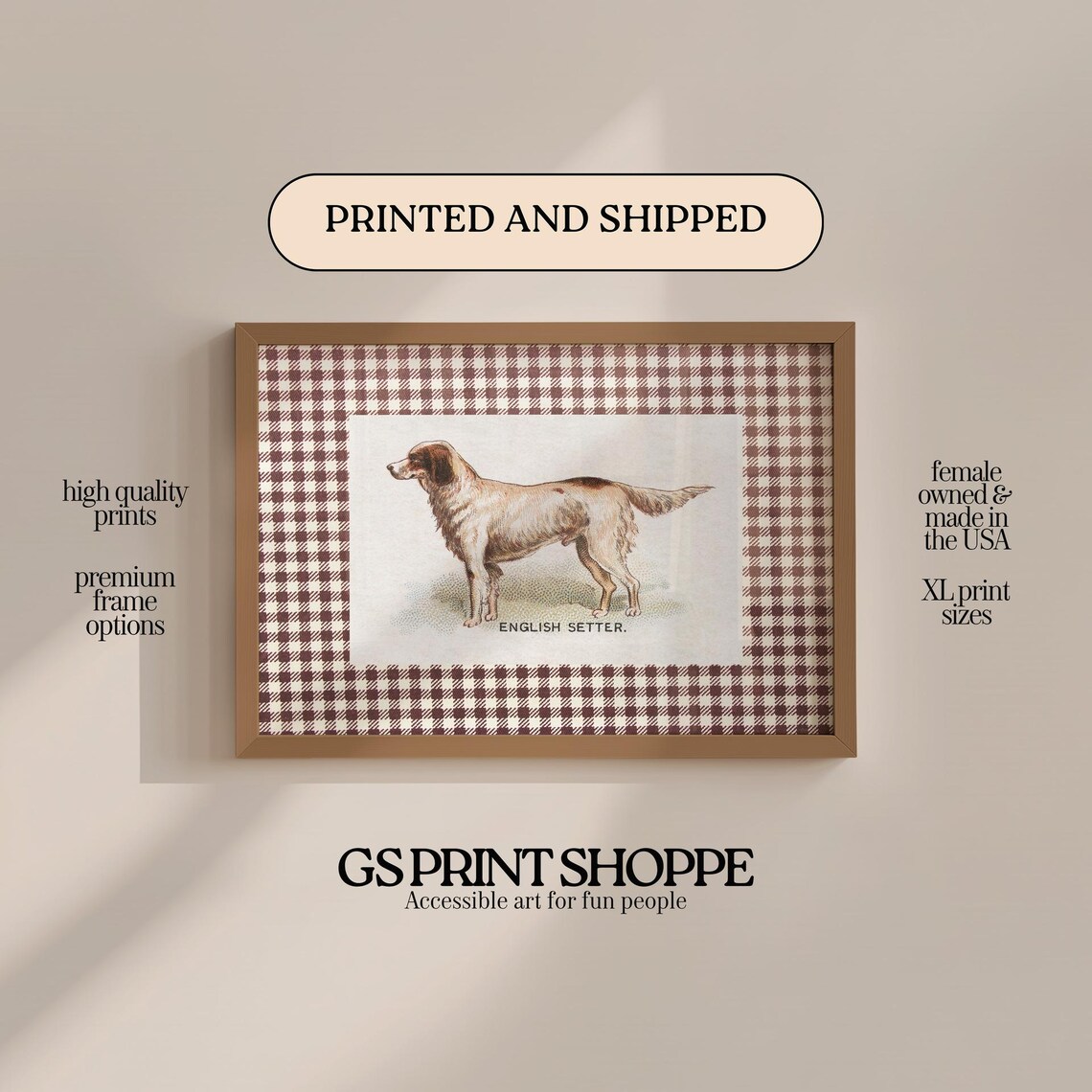 English Setter Dog Vintage Breed Illustration Gingham Border Poster
