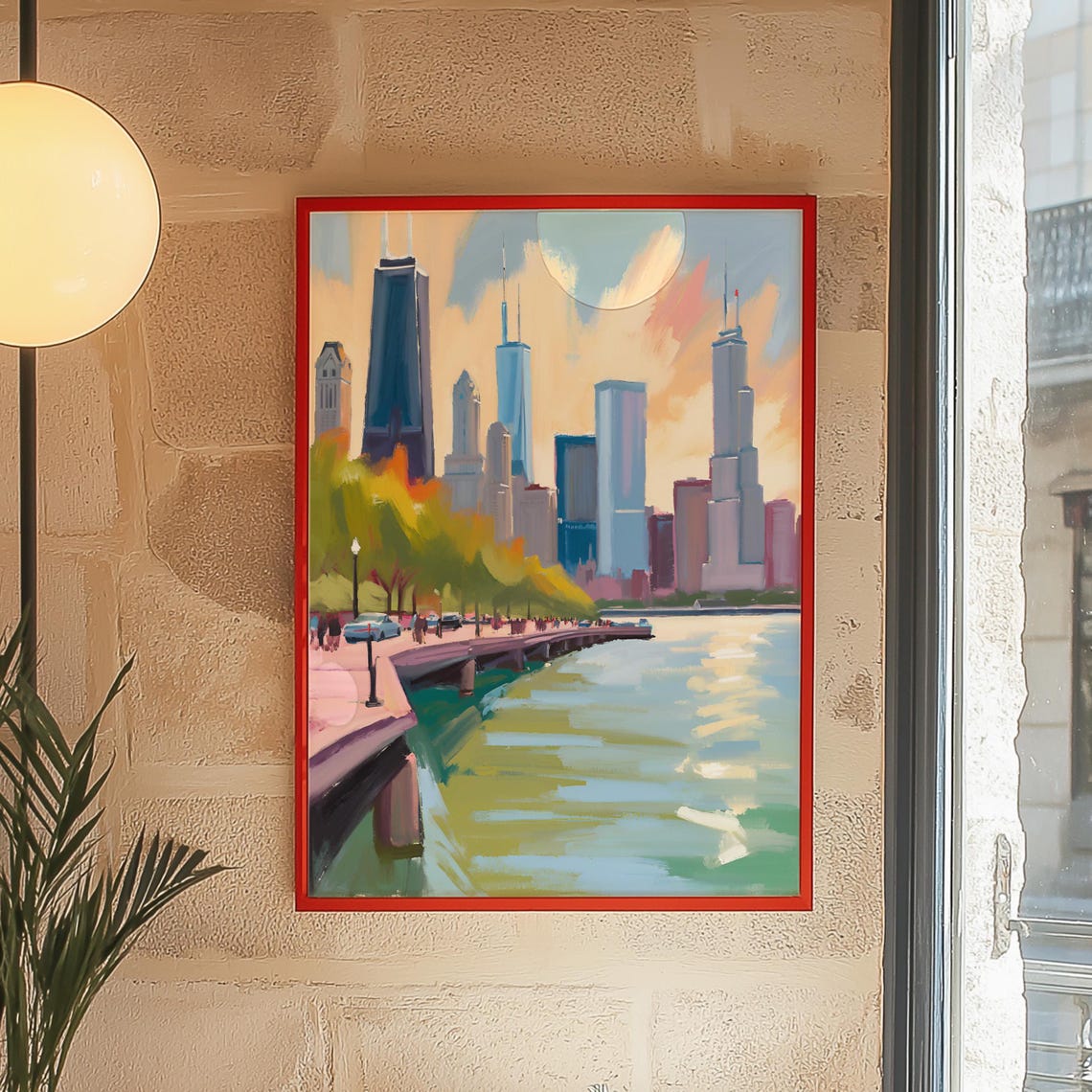 Chicago Illinois Skyline Riverwalk Sunset Painterly Travel Poster
