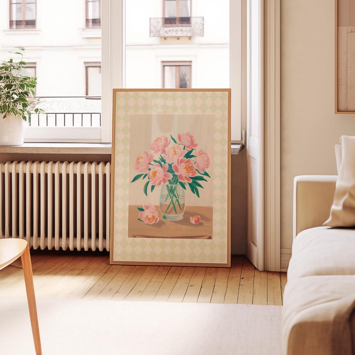 Pink Peony Bouquet Poster Glass Vase Sage Check Cottage Decor