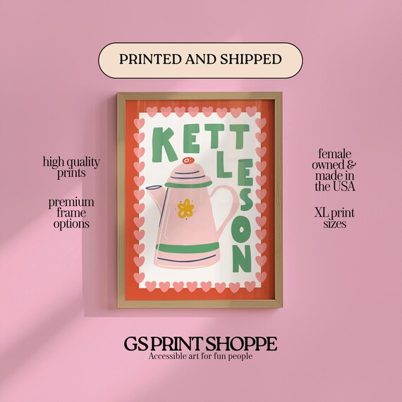 Kettle On Playful Teapot Kitchen Typography Hearts Art Poster