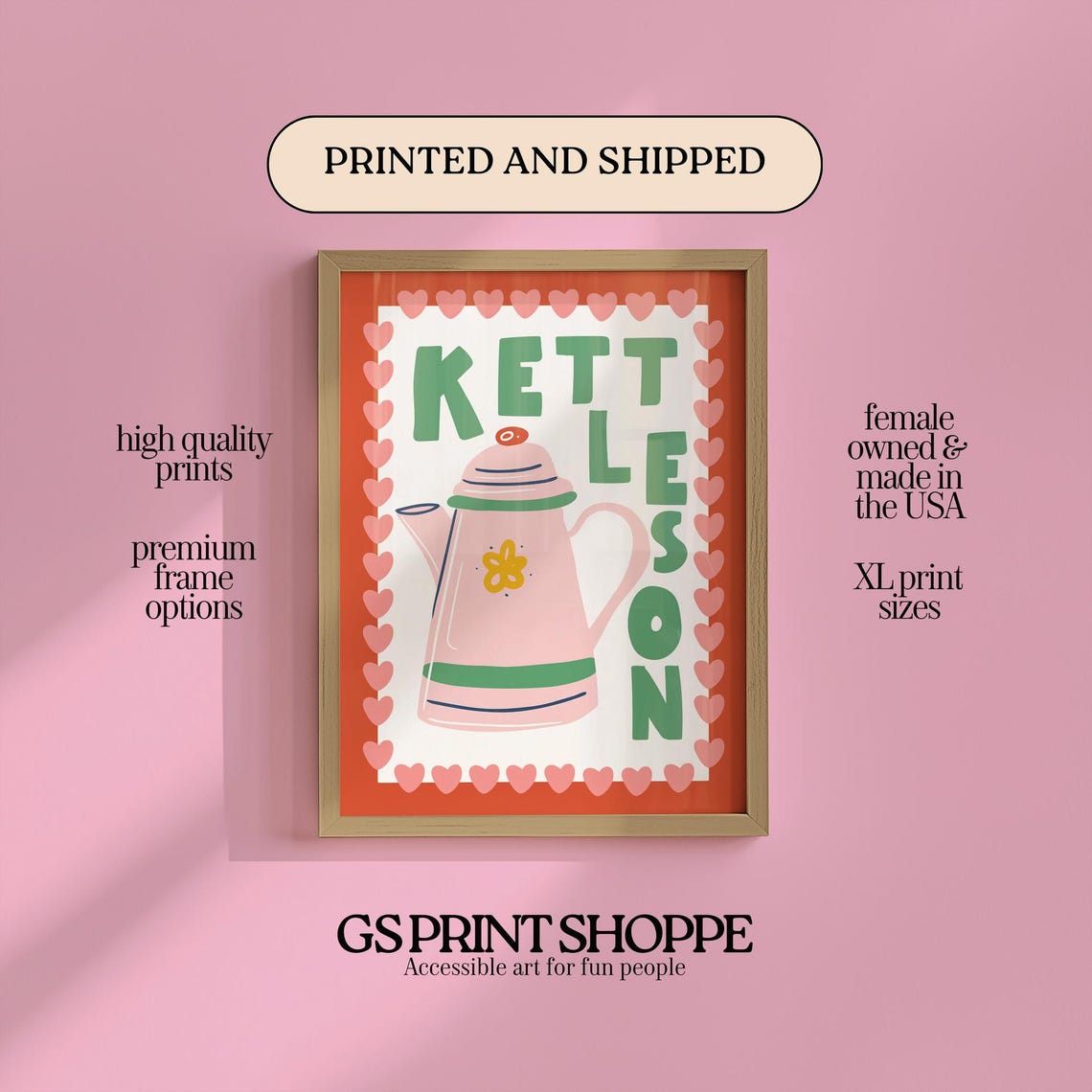 Kettle On Playful Teapot Kitchen Typography Hearts Art Poster