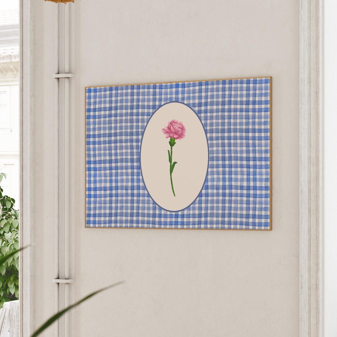 Pink Carnation on Blue Gingham Check Retro Botanical Flower Art Print