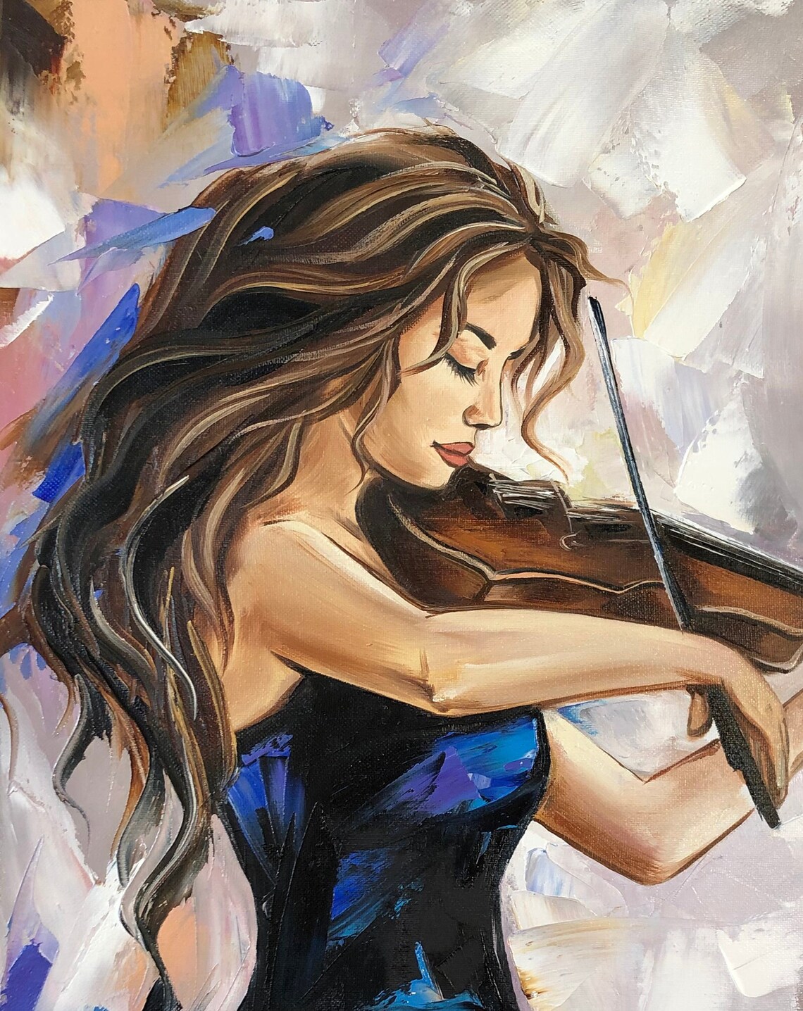 Woman In Blue Dress Playing Violin Pastel Abstract Music Art Poster - Image 3