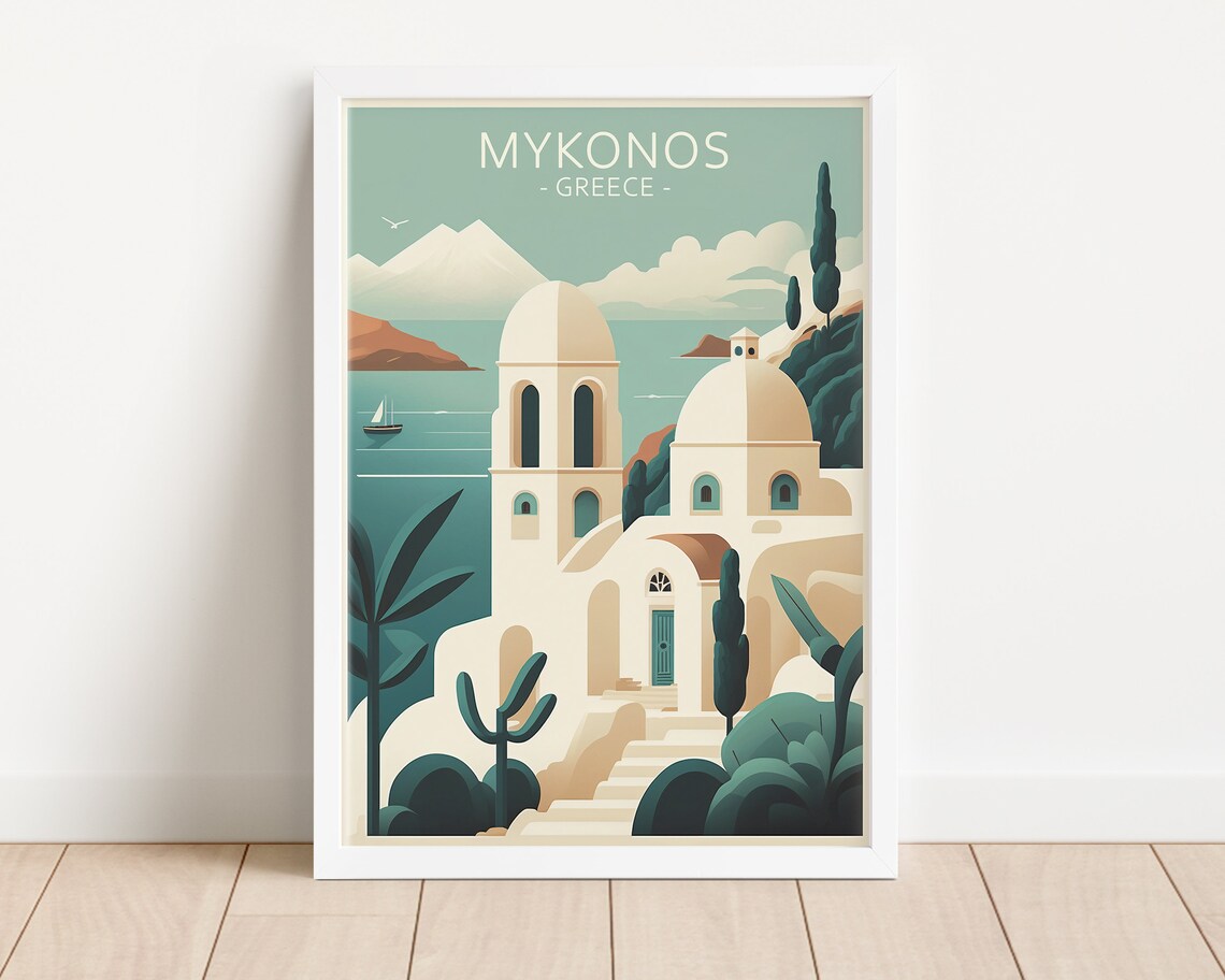 Mykonos Greece Retro Church Island Vintage Travel Art Poster