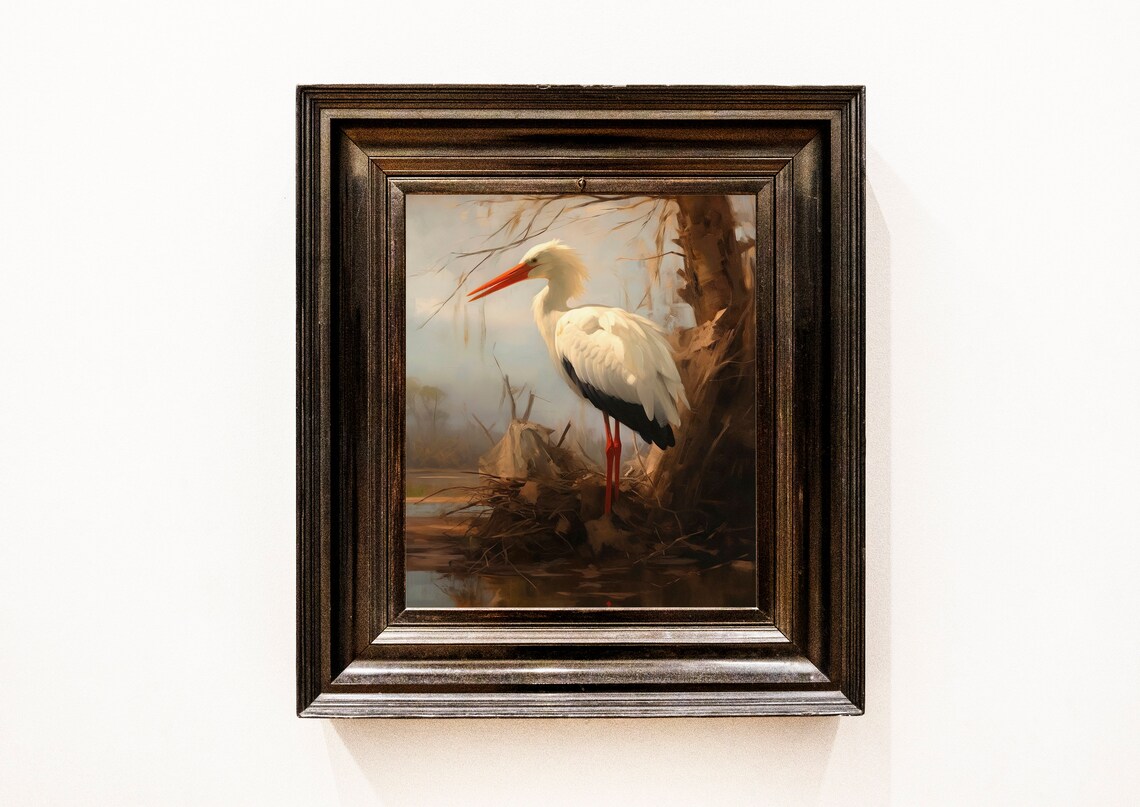 White Stork in Autumn Wetland Vintage Wildlife Painting Poster - Image 2