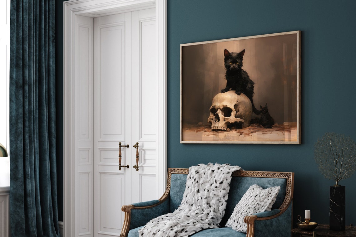 Black Kitten Sitting on Skull Moody Vintage Halloween Poster - Image 3