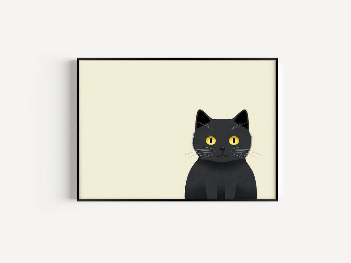 Black Cat Yellow Eyes Minimalist Cream Illustration Cute Art Poster