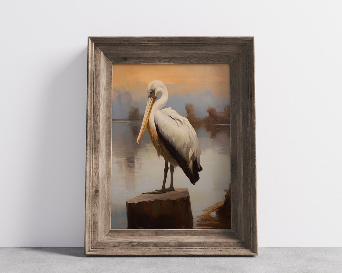 White Pelican on Wooden Piling Sunset Vintage Wildlife Painting Poster - Image 3
