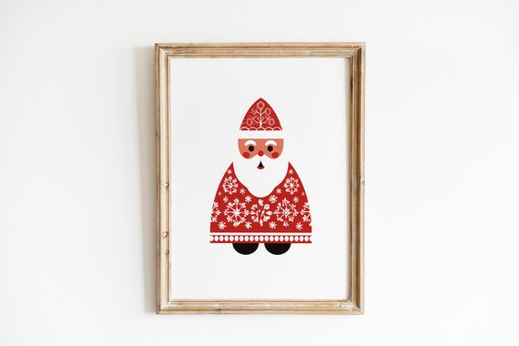 Scandinavian Santa Claus Red Snowflake Folk Art Christmas Poster