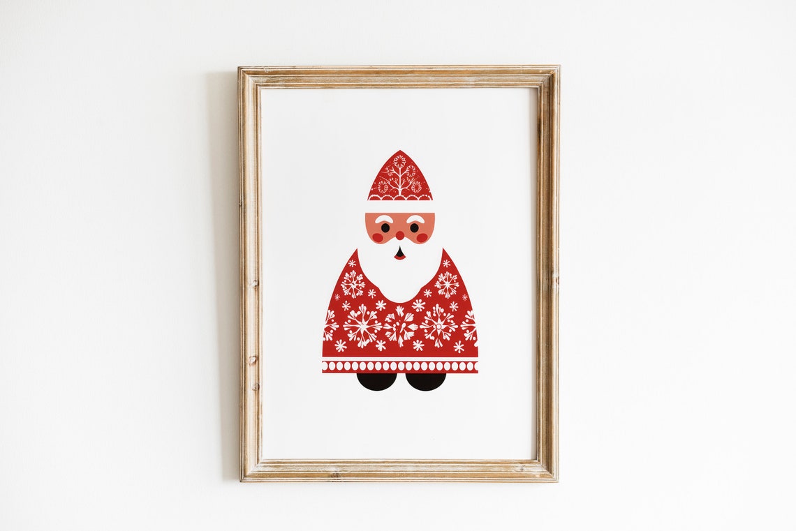 Scandinavian Santa Claus Red Snowflake Folk Art Christmas Poster
