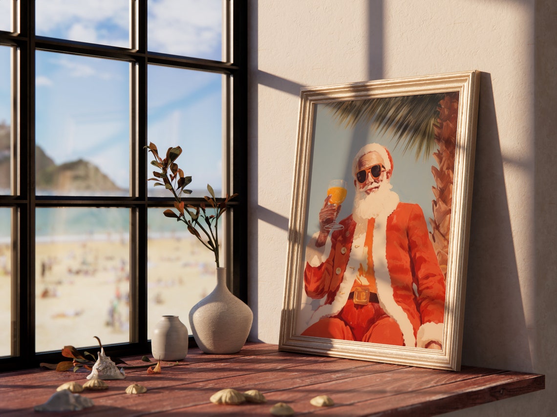 Cool Santa in Sunglasses with Tropical Cocktail Retro Art Poster - Image 2