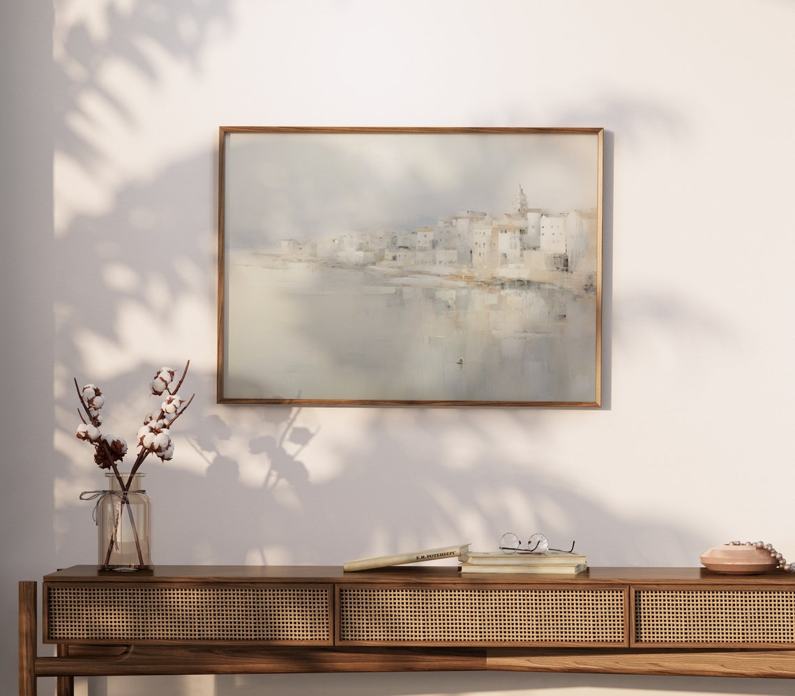 White Coastal Town Harbor Soft Neutral Minimalist Seascape Wall Art - Image 2
