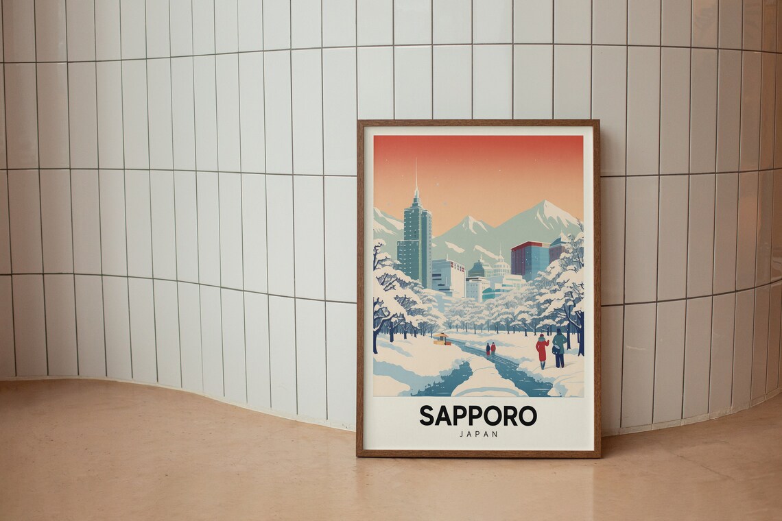 Sapporo Japan Snowy Winter City Mountains Retro Travel Style Poster - Image 2