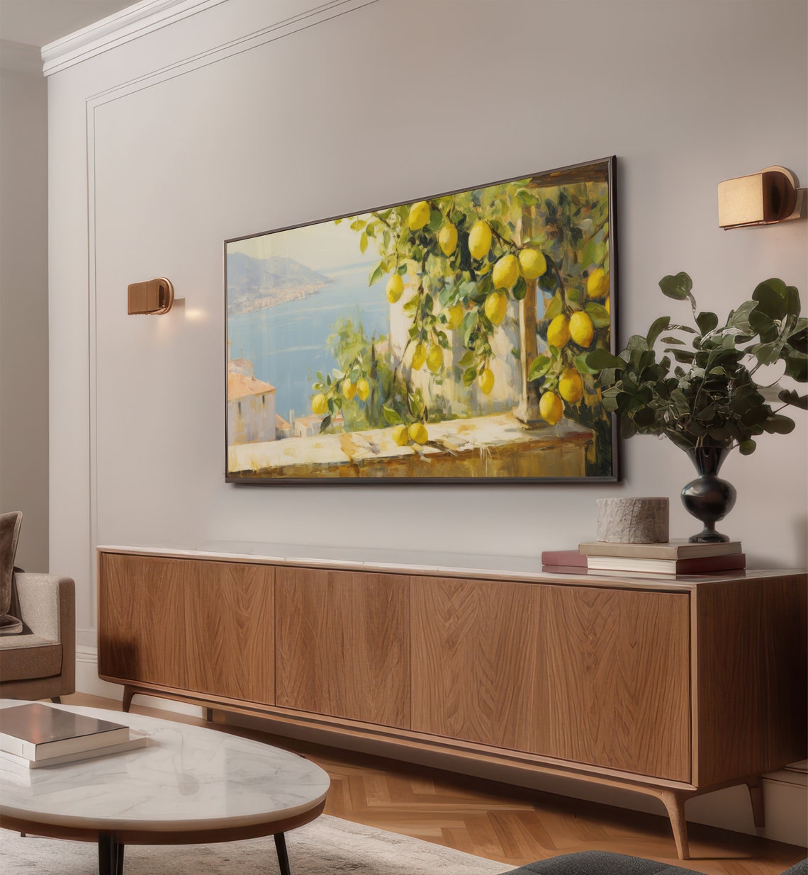 Lemon Tree Terrace Sunlit Mediterranean Coastal Town Painting Wall Art - Image 2