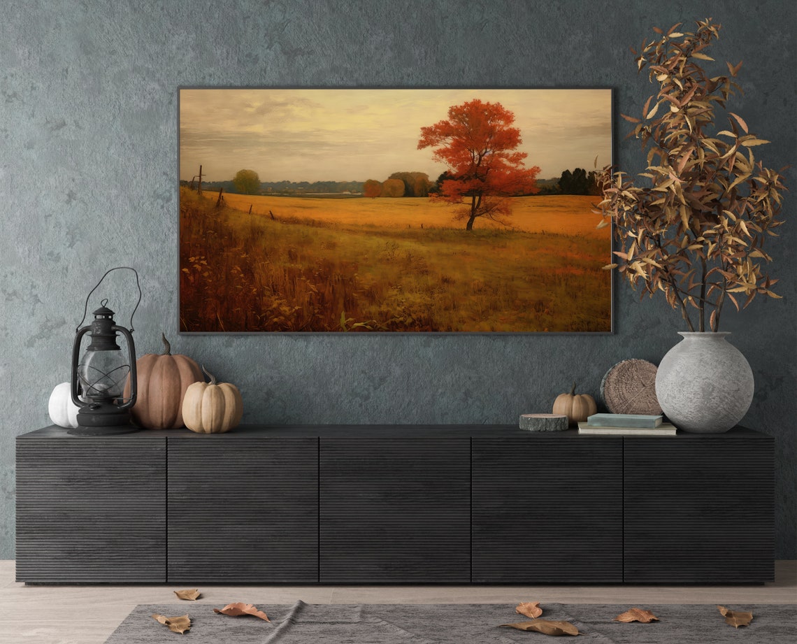 Red Tree Golden Autumn Field Oil Painting Landscape Wall Art - Image 4