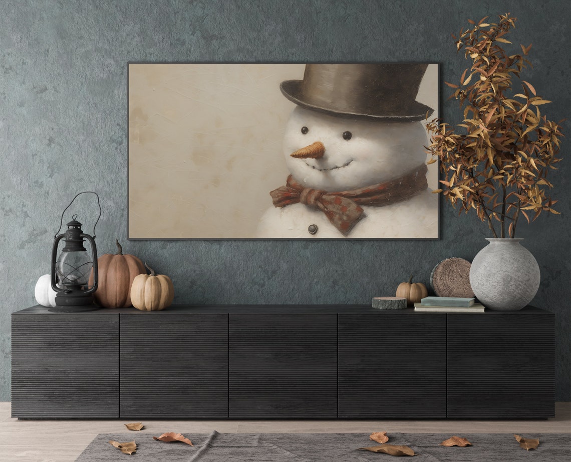 Smiling Snowman with Top Hat and Bow Tie Vintage Style Art Poster - Image 2