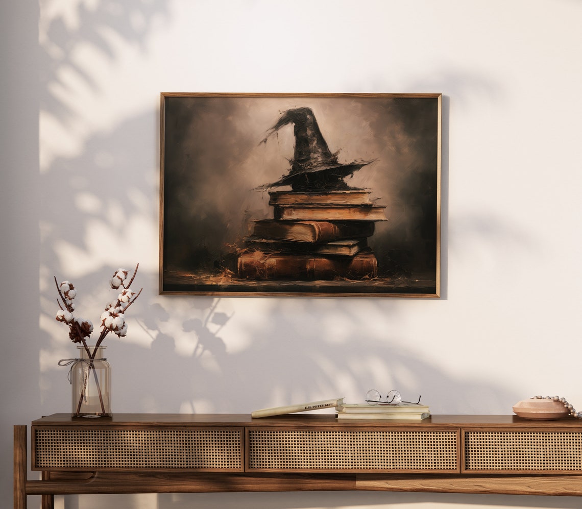 Rustic Witch Hat on Stack of Old Books Dark Halloween Poster - Image 4