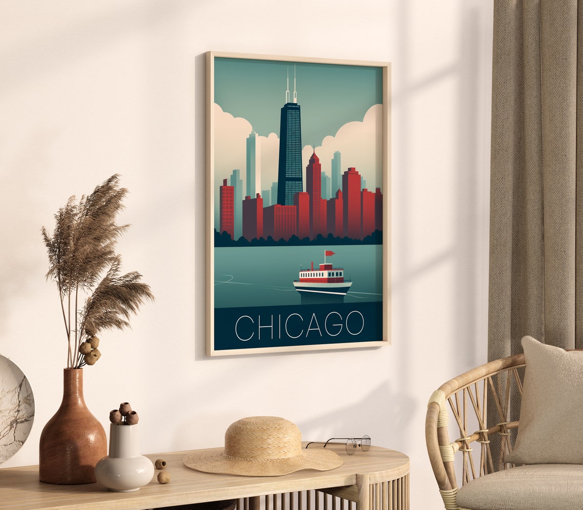 Chicago Illinois Retro Skyline Tower Lake Boat Travel Poster - Image 4