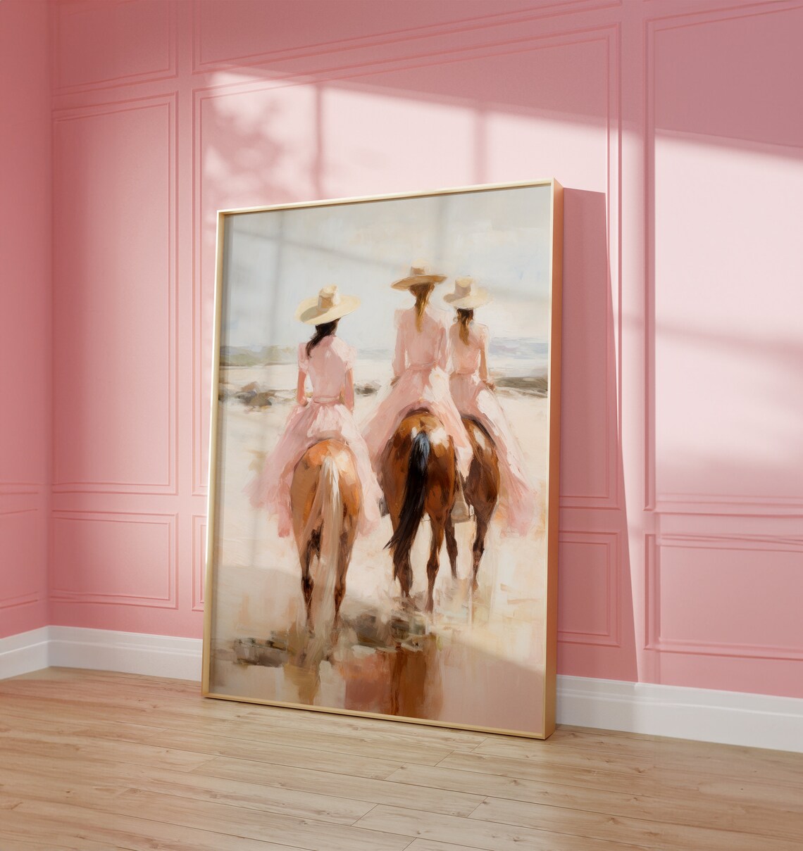 Cowgirls Horseback Beach Ride Pink Dresses Coastal Western Art Poster - Image 3