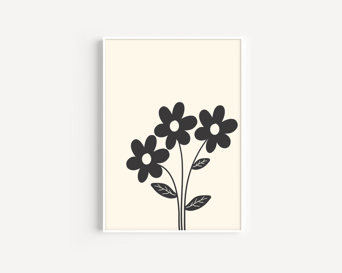 Three Black Daisies On Cream Minimalist Floral Silhouette Poster - Image 2