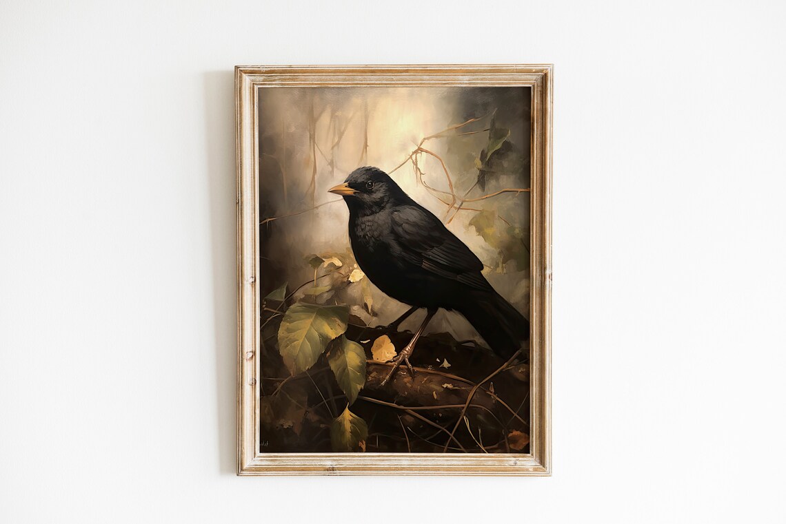 Vintage Blackbird Oil Painting Moody Bird Portrait Art Print - Image 2