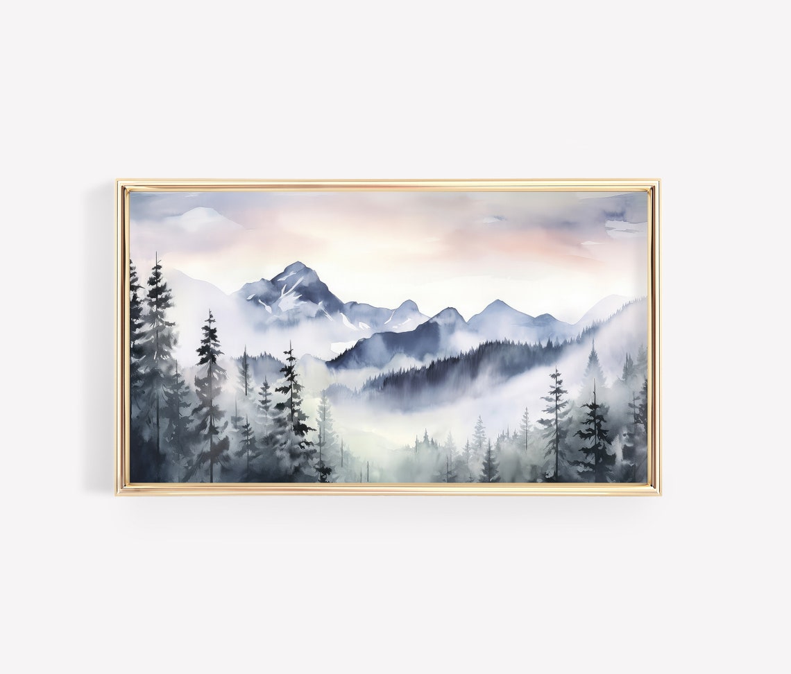 Blue Ridge Misty Mountains Pine Forest Watercolor Landscape Poster - Image 2