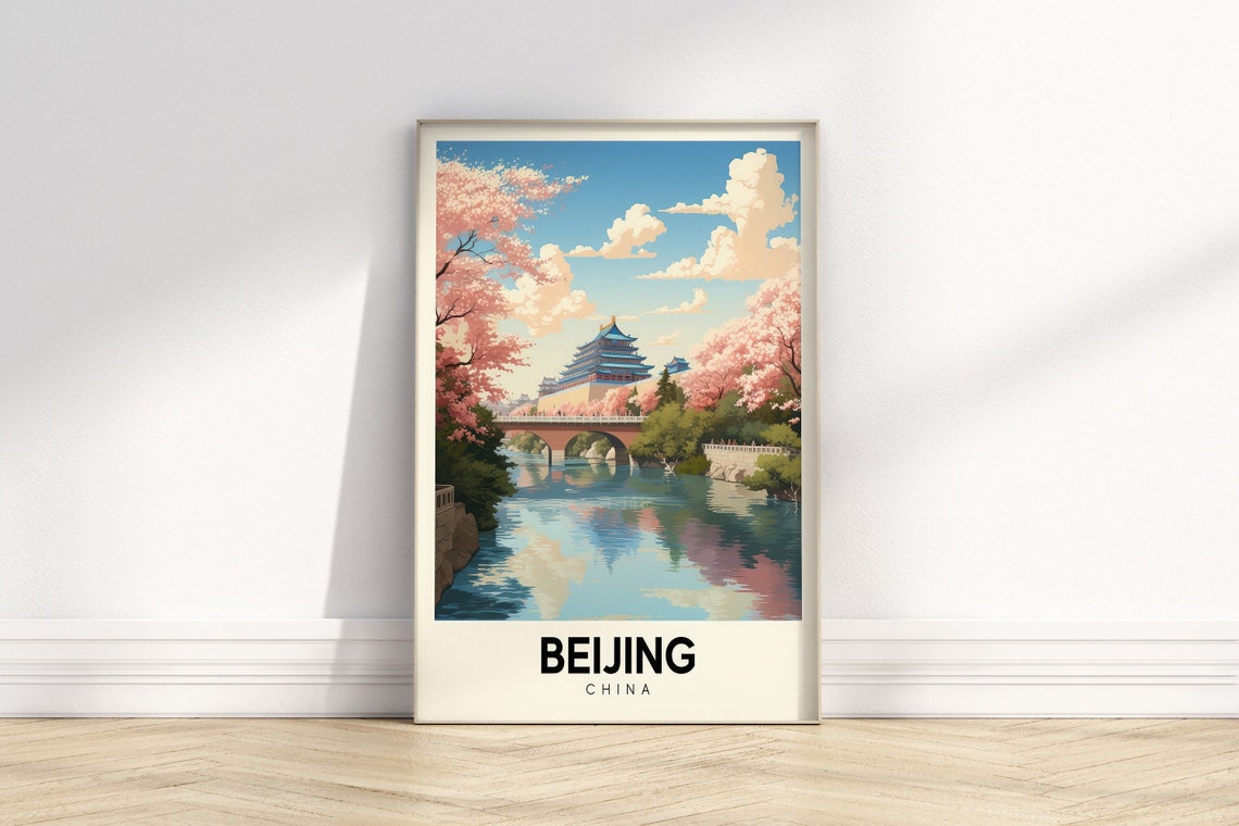 Beijing China Cherry Blossom Palace Vintage Style Travel Poster