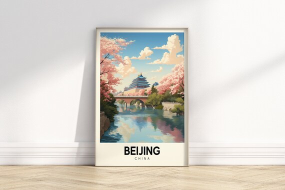 Beijing China Cherry Blossom Palace Vintage Style Travel Poster