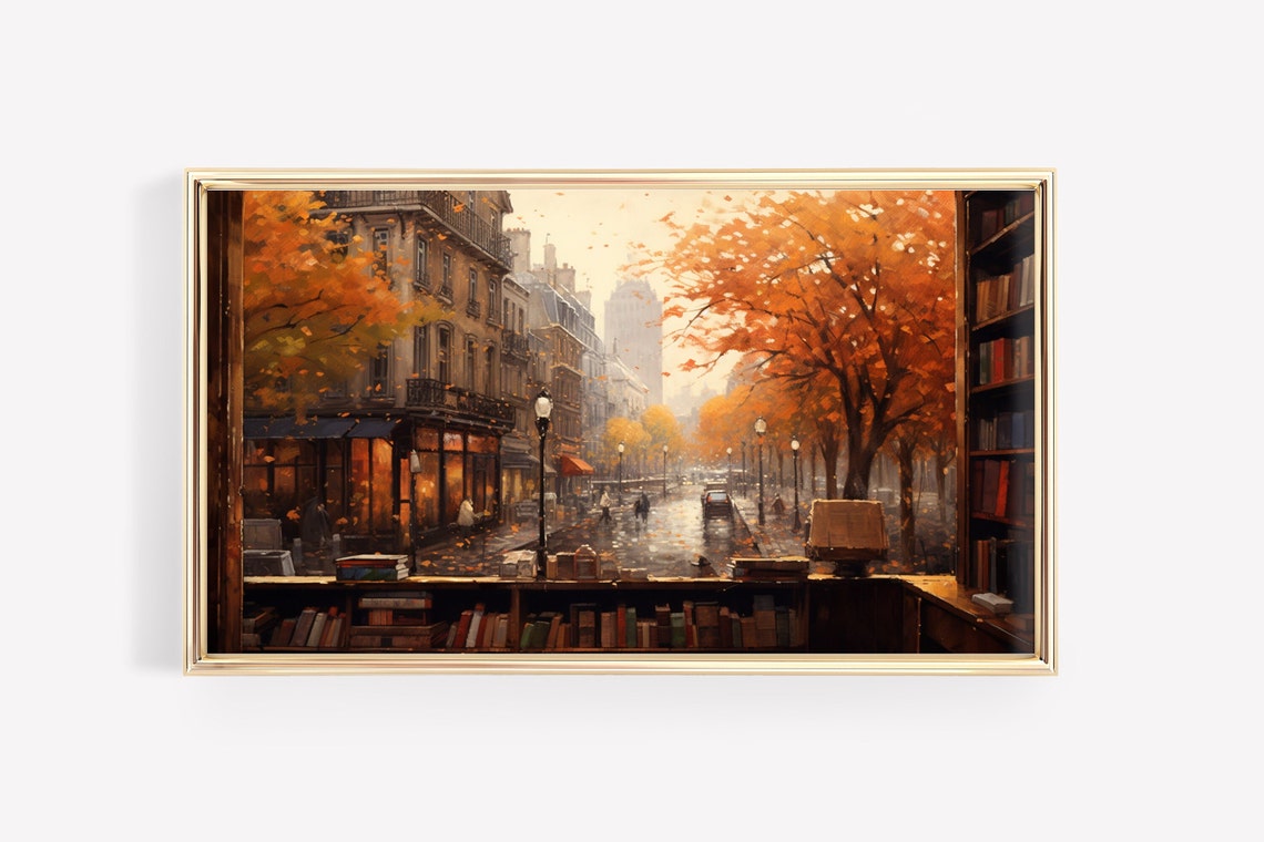 Cozy Bookshop Window Autumn Street Scene Rainy Evening Poster - Image 3