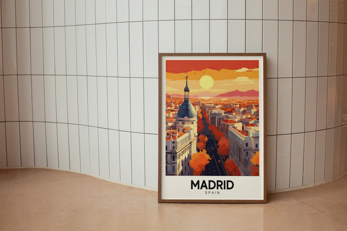Madrid Spain Sunset Boulevard Retro Cityscape Colorful Travel Poster - Image 2