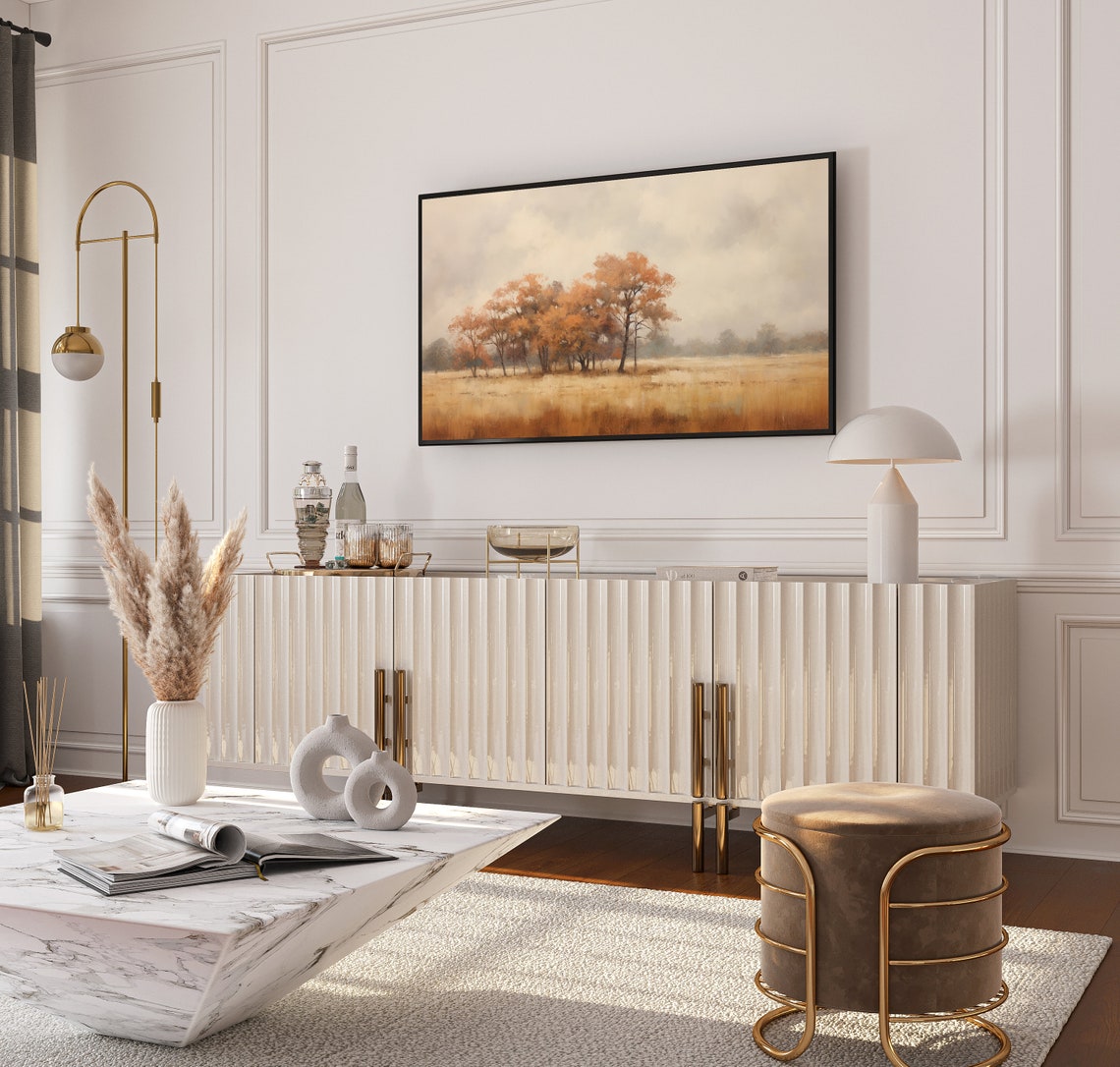 Rust Orange Trees in Misty Autumn Field Neutral Landscape Poster - Image 4