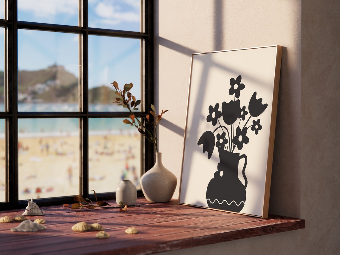 Bold Black Flower Vase Silhouette On Cream Modern Art Poster - Image 3