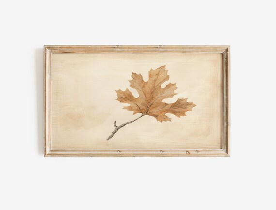 Minimal Dried Oak Leaf on Twig Vintage Botanical Study Poster