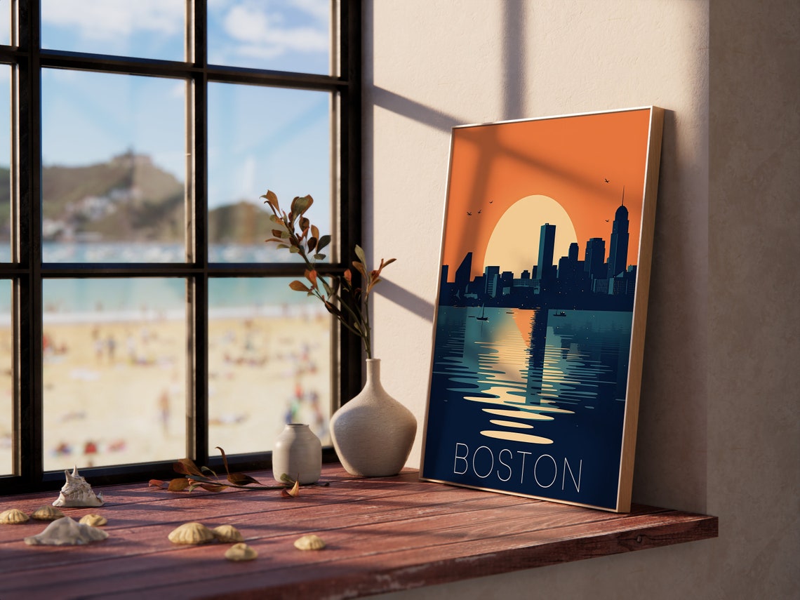 Boston Massachusetts Retro Sunset Skyline Harbor Travel Poster - Image 3