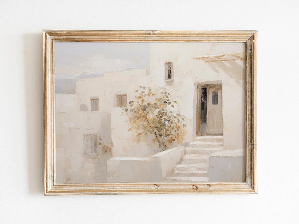 Whitewashed Mediterranean Village Neutral Oil Painting Poster