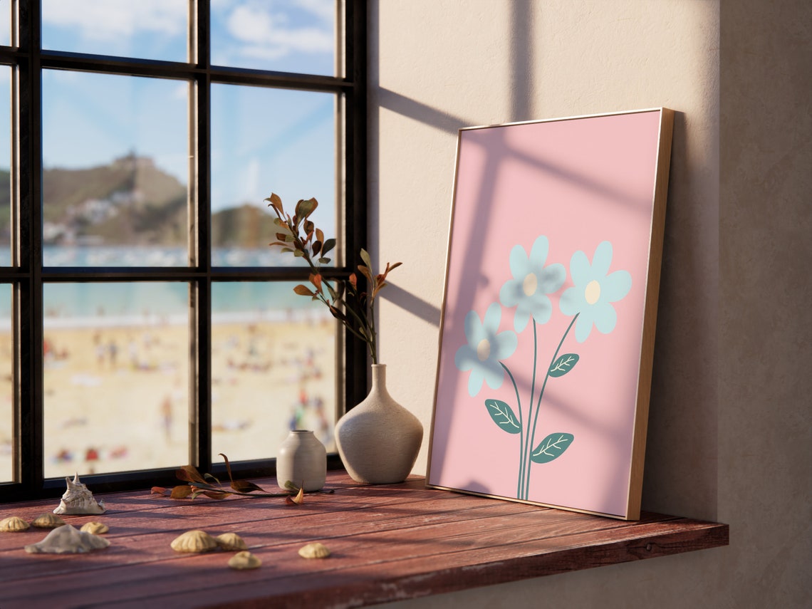 Pink Blue Daisy Trio Floral Botanical Minimalist Pastel Art Poster - Image 2