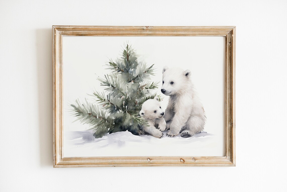 Cute Polar Bear Cubs Beside Pine Tree Watercolor Christmas Poster - Image 2
