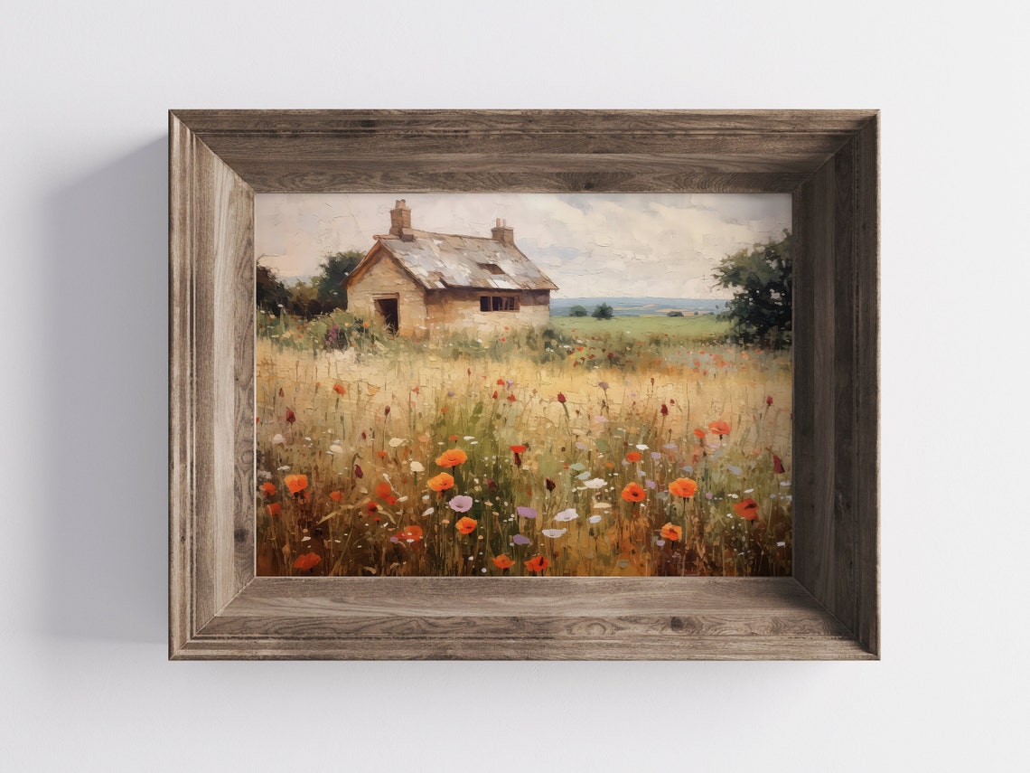 English Stone Cottage Wildflower Meadow Vintage Farmhouse Art Print - Image 3