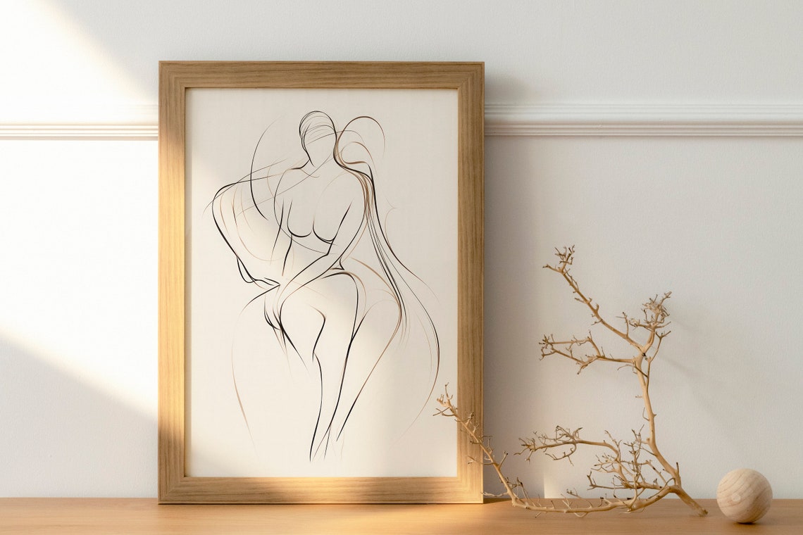 Female Body Line Art Minimalist Beige Abstract Figure Drawing Poster - Image 3